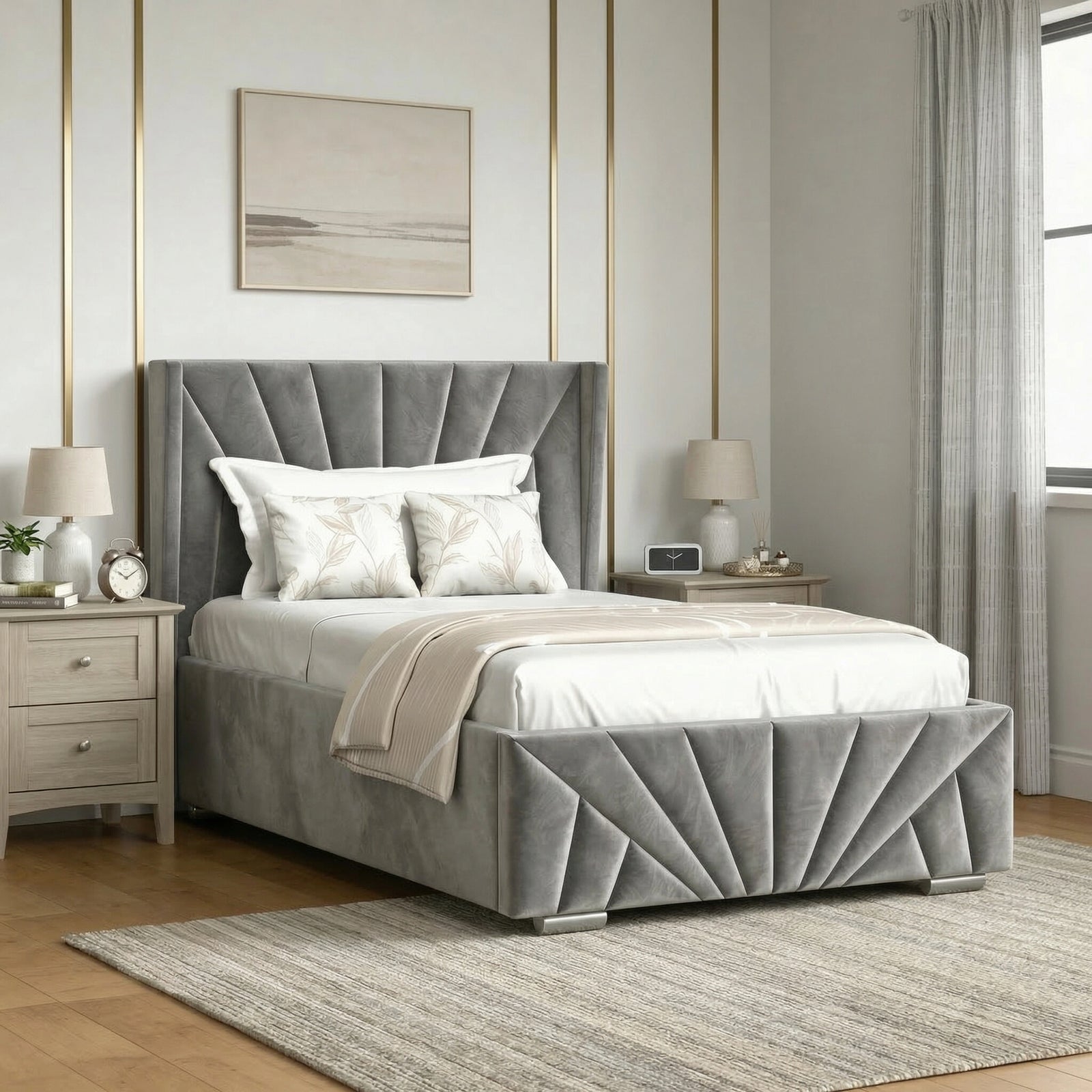 [Single | Dark Grey] Single sunrise velvet ottoman bed with fan headboard in bedroom with lamp and decorative accessories