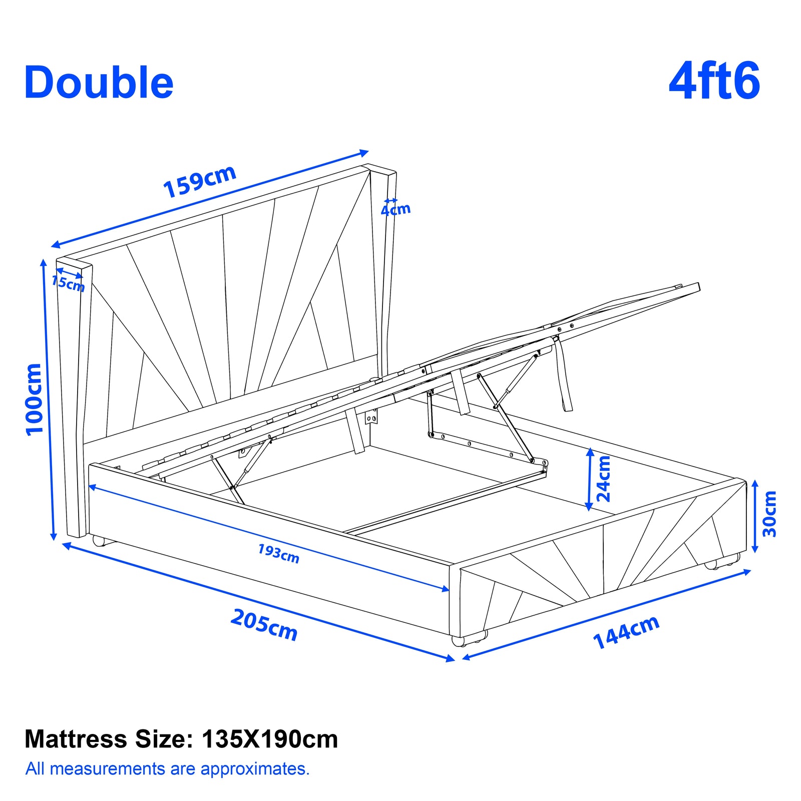 [Double | Dark Grey] Dimension diagram for double 4ft6 sunrise bed showing 159cm width 205cm length and 100cm headboard height