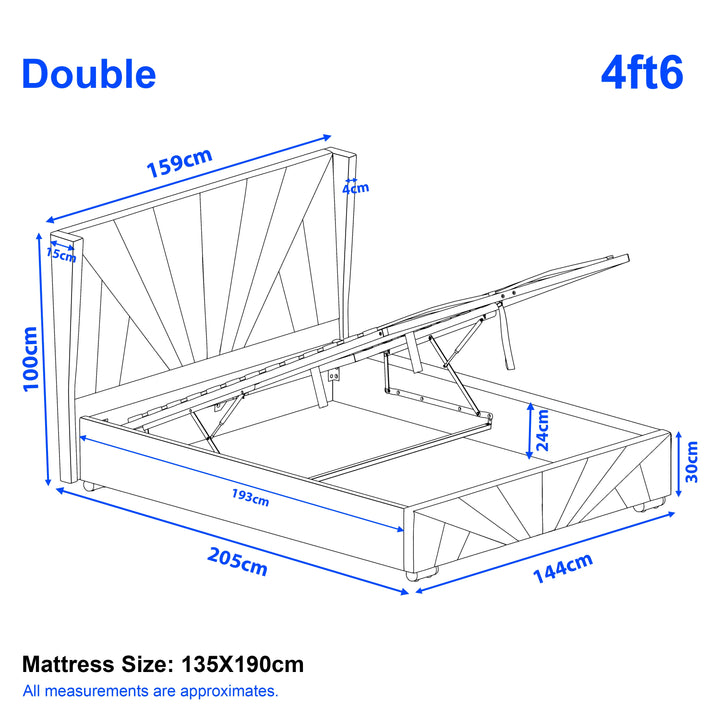 [Double | Grey] Dimension diagram for double 4ft6 sunrise bed showing 159cm width 205cm length and 100cm headboard height