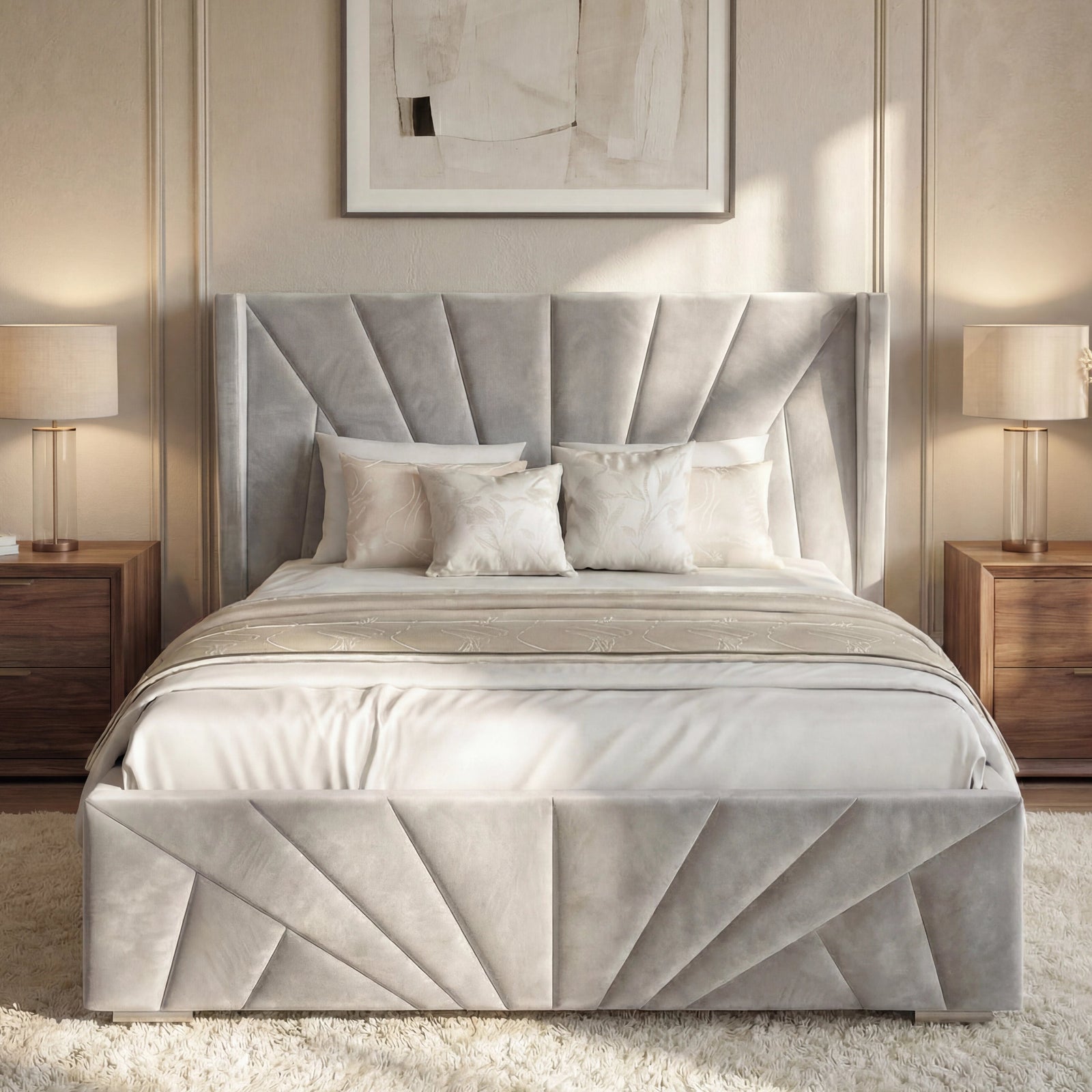 [Double | Grey] Symmetrical front-on view of grey sunburst bed with geometric footboard in warm bedroom with abstract art