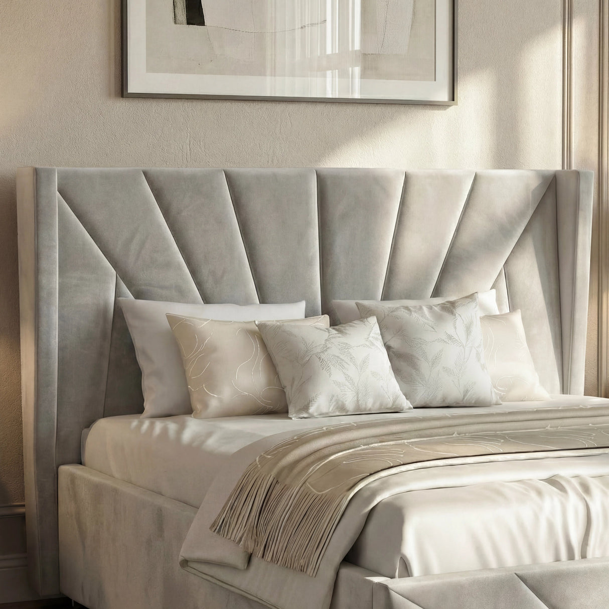 [Double | Grey] Headboard close-up on grey double sunrise bed displaying fan pattern with abstract art visible