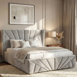 [Double | Grey] Double sunrise ottoman bed in grey velvet styled beneath large abstract landscape artwork