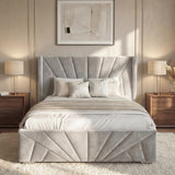 [Small Double | Grey] Head-on bedroom view of velvet bed with sunrise design flanked by matching table lamps and abstract art