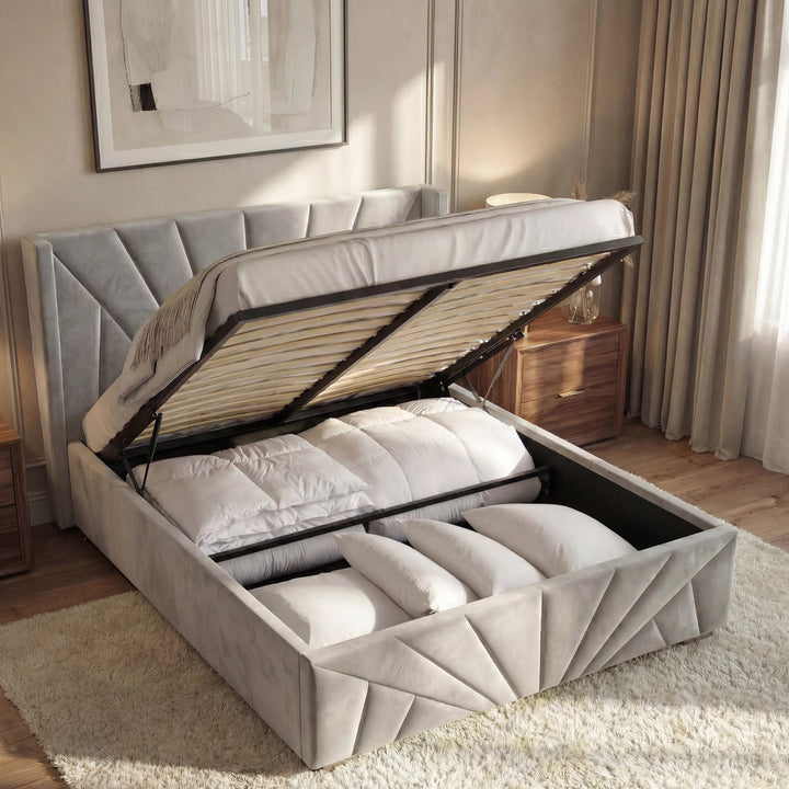 [Small Double | Grey] Sunrise ottoman bed with gas-lift base raised showing wooden slats and folded bedding stored inside