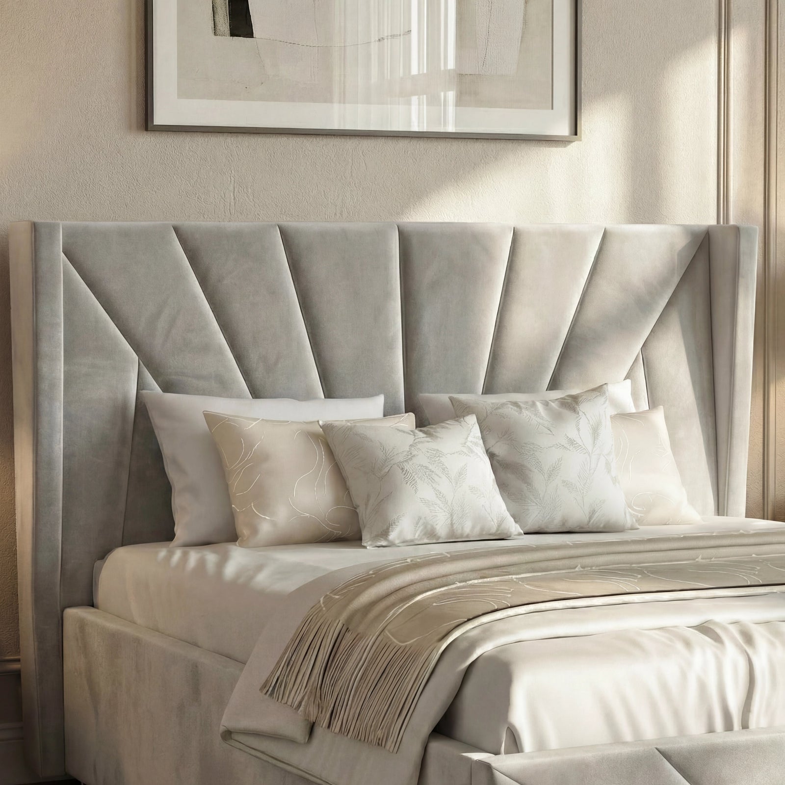 [Small Double | Grey] Headboard close-up displaying art deco fan pattern with velvet channels in softly lit bedroom