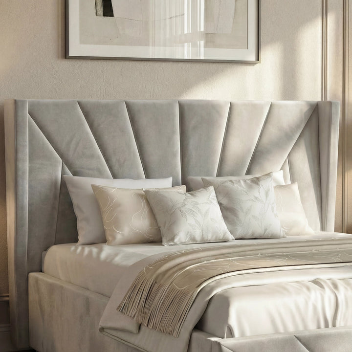 [Small Double | Grey] Headboard close-up displaying art deco fan pattern with velvet channels in softly lit bedroom