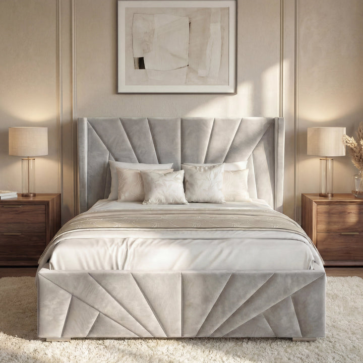 [King | Grey] Straight-on view of grey king sunrise ottoman bed showing full headboard in warm decorated room