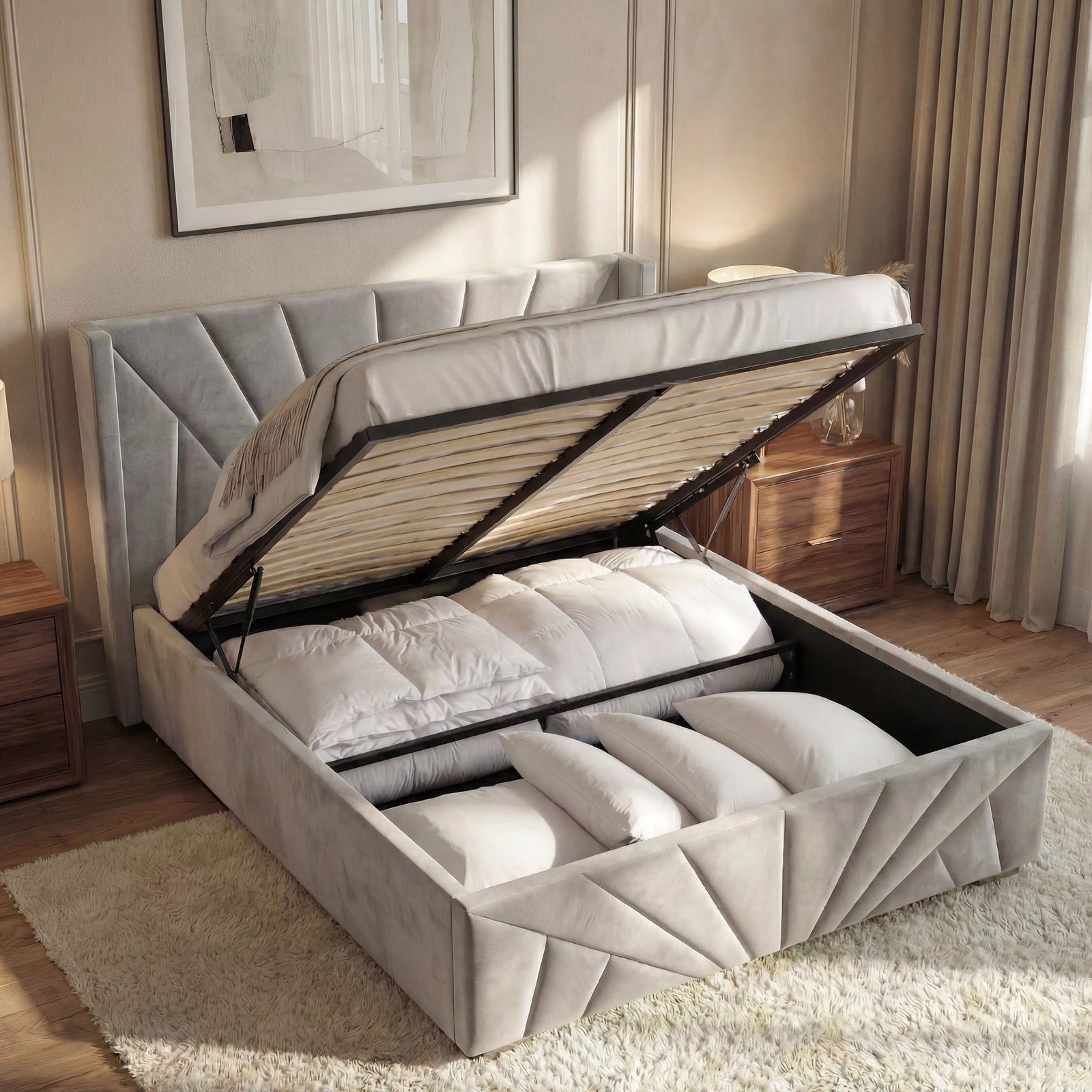 [King | Grey] King sunrise bed with gas-lift raised showing storage with duvets in warm room with abstract artwork