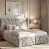 [King | Grey] King sunrise velvet ottoman bed with fan headboard in warm bedroom with abstract art and wooden nightstands