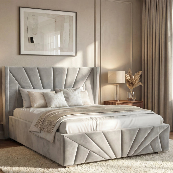 [Small Double | Grey] Ottoman storage bed with sunrise-pattern headboard and angular footboard in soft neutral bedroom