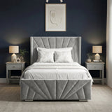 [Single | Grey] Single velvet bed with radiating fan pleat headboard and geometric footboard in classic panelled room