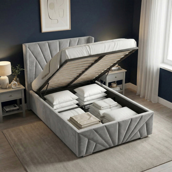[Single | Grey] Lift-up base on single sunrise bed showing deep storage compartment in room with classic wall panels