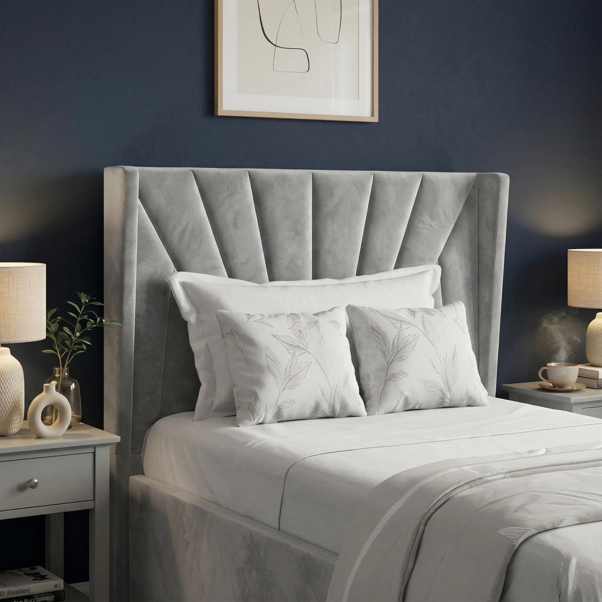 [Single | Grey] Headboard close-up of grey sunrise bed displaying art deco fan pattern with moulded wall behind