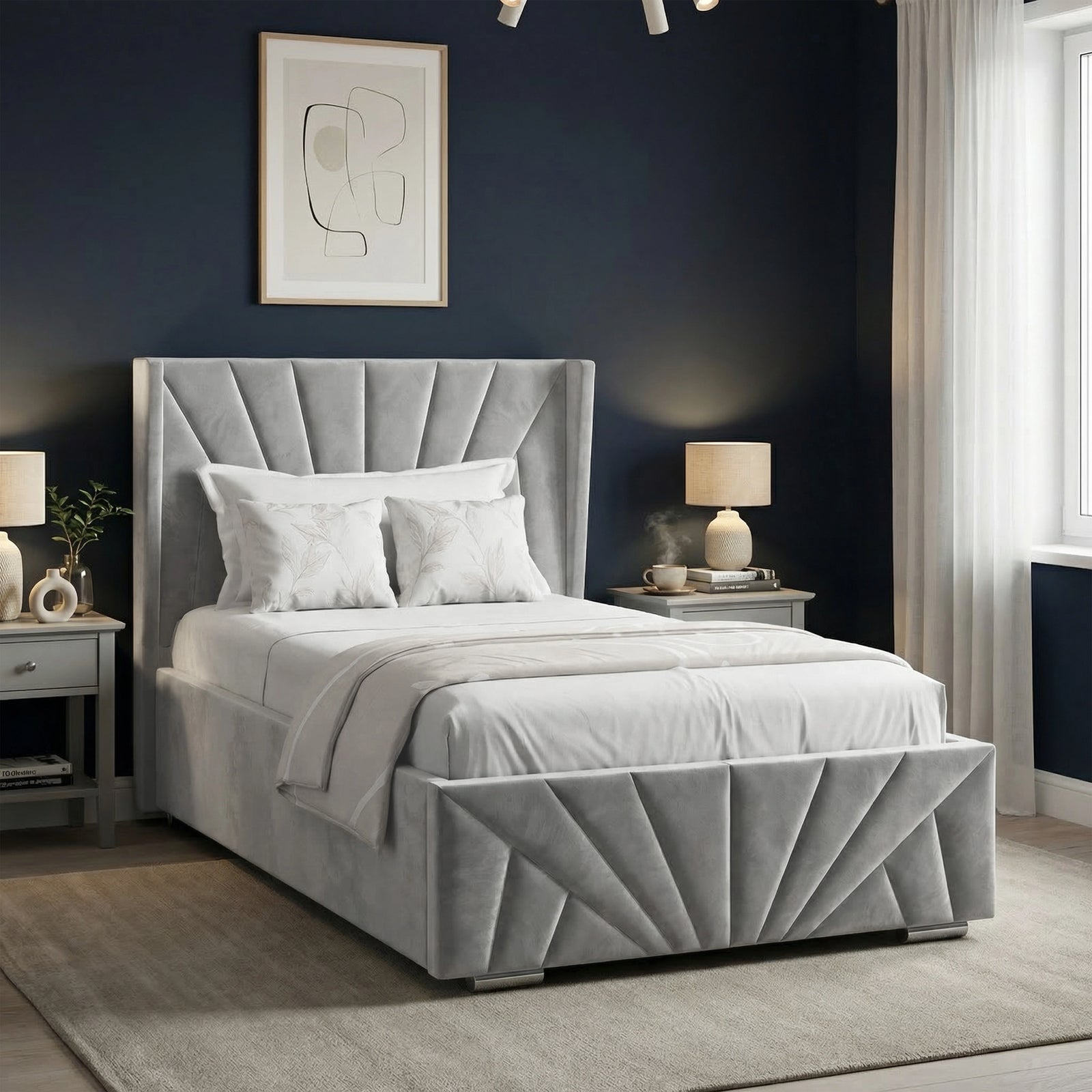 [Single | Grey] Grey velvet single sunrise bed with table lamp on bedside and circular framed art behind
