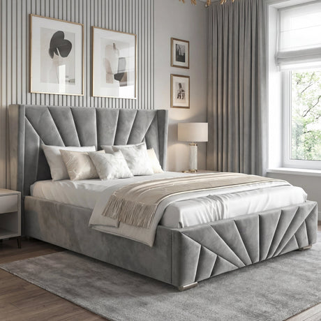 [Grey | Small Double] Sunrise velvet ottoman bed with winged fan-pleat headboard and starburst footboard in panelled bedroom