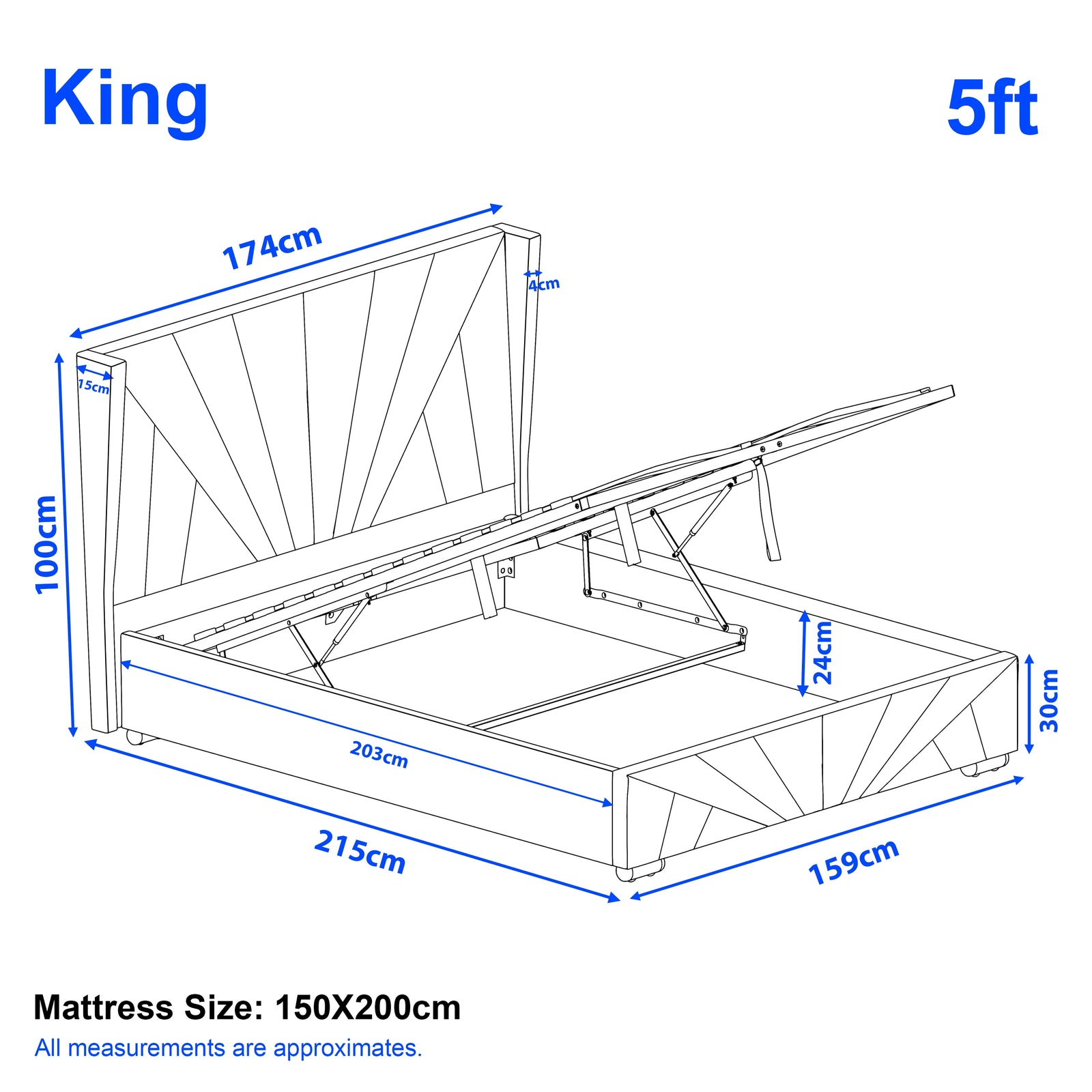 [King | Grey] Dimension diagram for king 5ft sunrise bed showing 174cm width 215cm length and 100cm headboard height