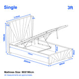 [Single | Grey] Dimension diagram for single 3ft sunrise bed showing 114cm width 205cm length and 100cm headboard height