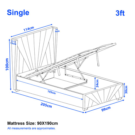 [Single | Grey] Dimension diagram for single 3ft sunrise bed showing 114cm width 205cm length and 100cm headboard height