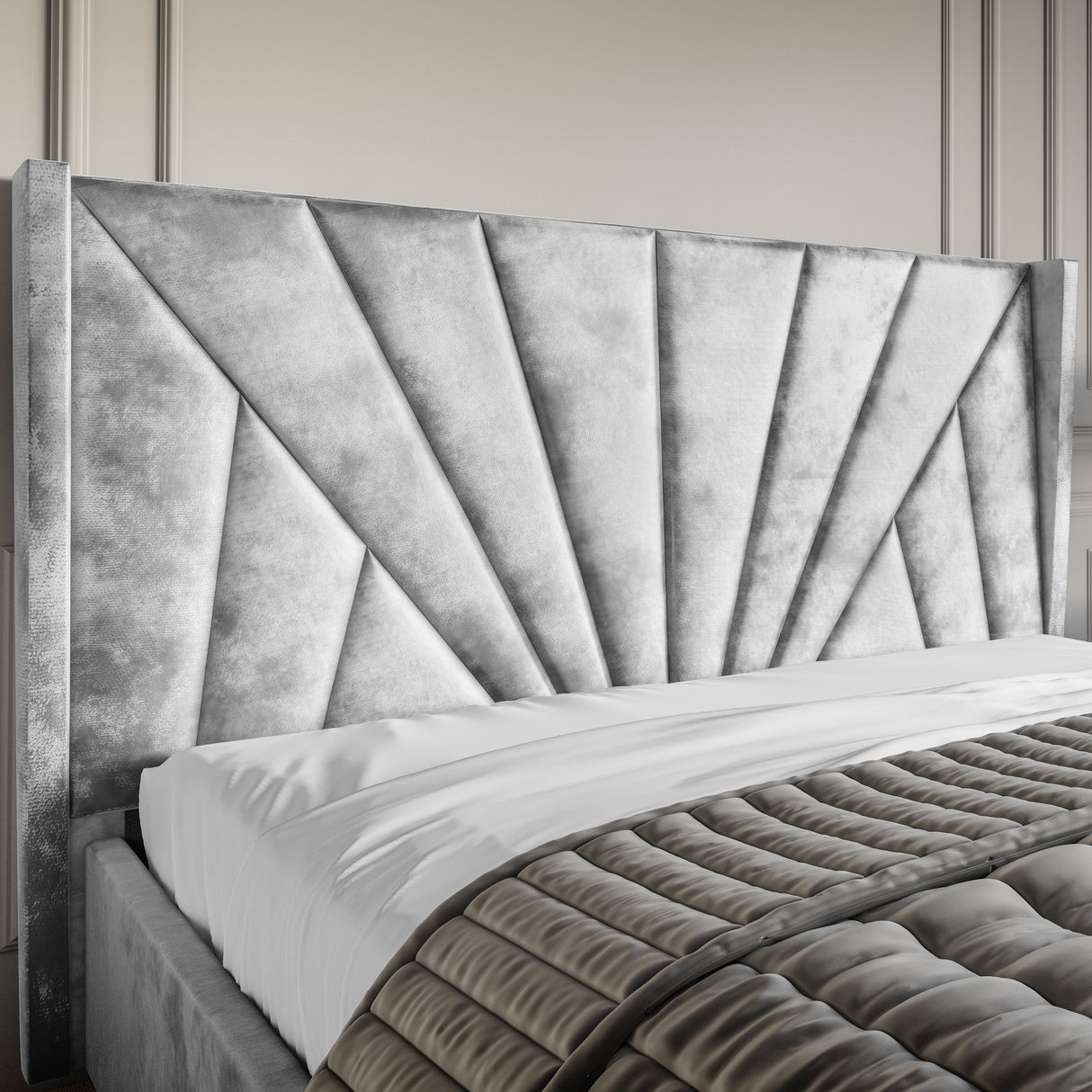 Crushed Velvet Ottoman Storage Bed Silver with Sunrise headboard design. Elegant platform bed frame with end lift-up storage in luxurious silver finish.