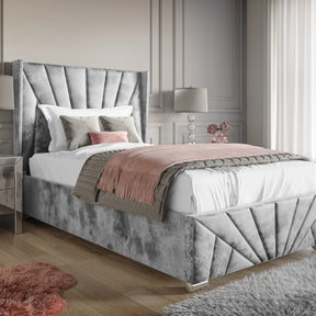 Crushed Velvet Ottoman Storage Bed Silver -Sunrise Bed Frame in single size with end lift-up storage, featuring a modern paneled headboard design.