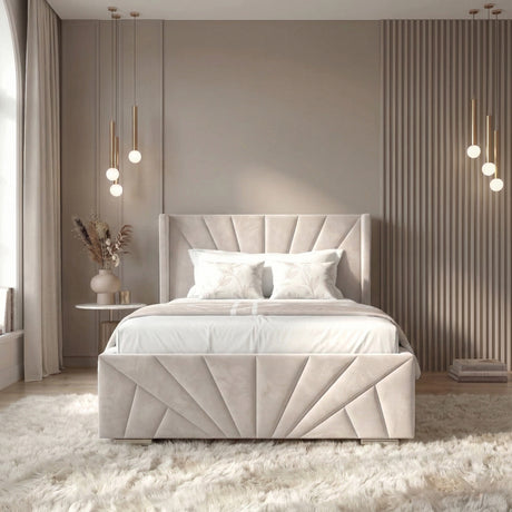 [Single | Beige] Velvet Ottoman Storage Bed in beige with Sunrise-style panel design, shown in a modern bedroom