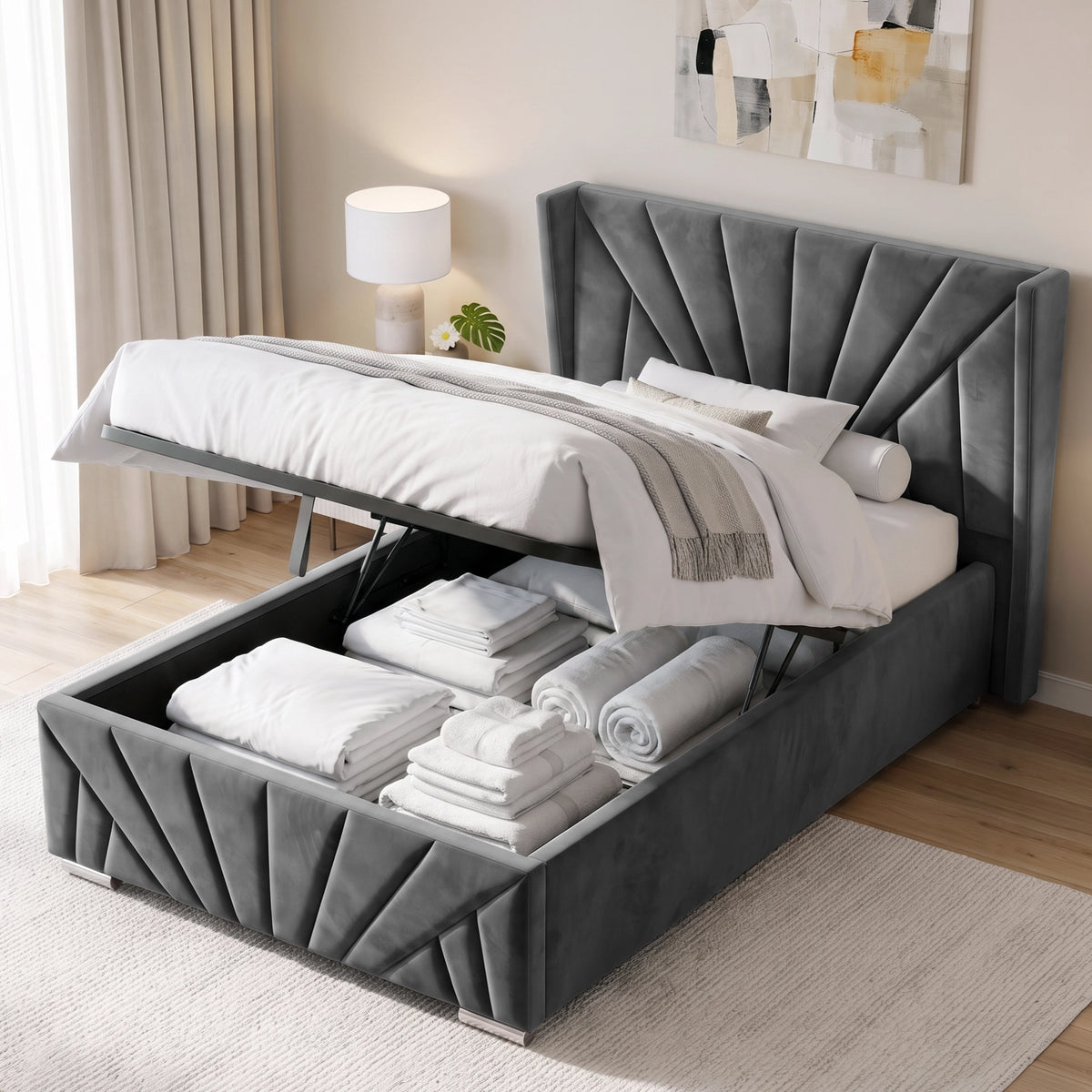 [Small Double | Dark Grey] A modern grey upholstered bed with a tall, sunrise headboard and matching footboard, styled in a bright bedroom with storage opened