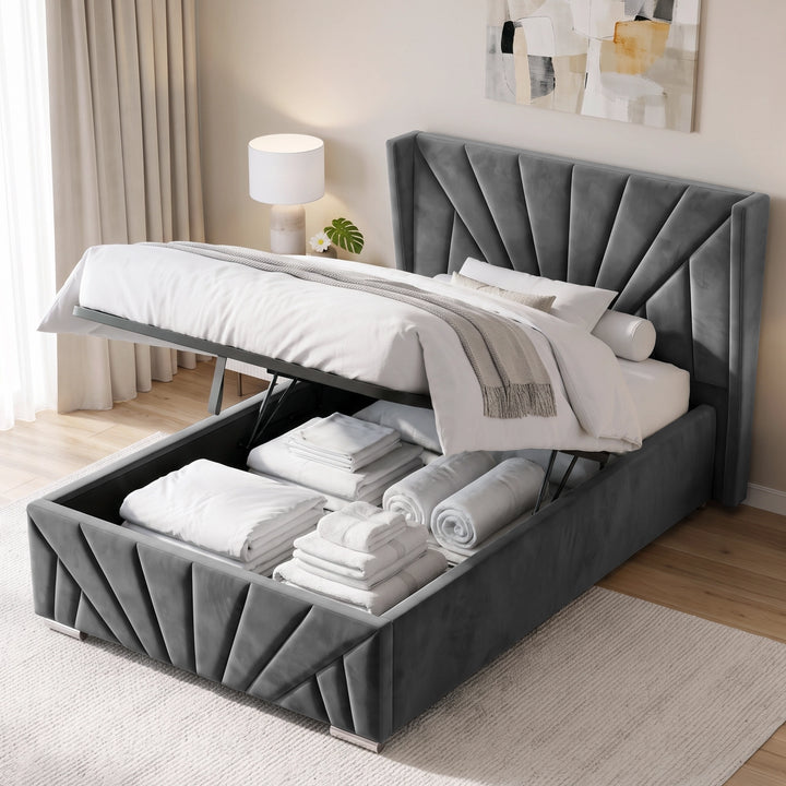 [Small Double | Dark Grey] A modern grey upholstered bed with a tall, sunrise headboard and matching footboard, styled in a bright bedroom with storage opened