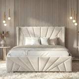 [Small Double | Beige] Head-on view of Sunrise ottoman bed showing full fan headboard and pleated footboard in styled bedroom