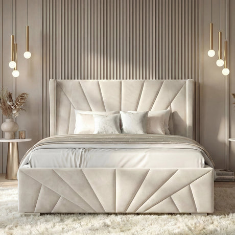 [Small Double | Beige] Head-on view of Sunrise ottoman bed showing full fan headboard and pleated footboard in styled bedroom