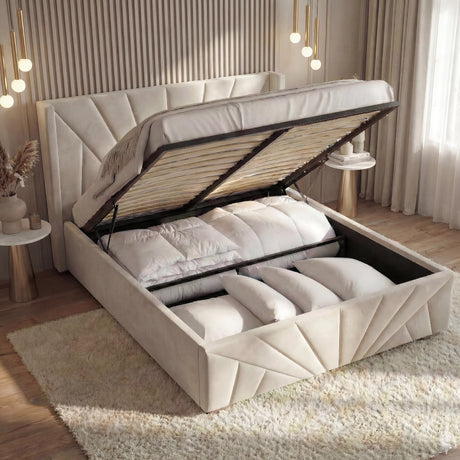 [Small Double | Beige] Open storage view of Sunrise ottoman bed, slatted base lifted to show pillows stored beneath mattress