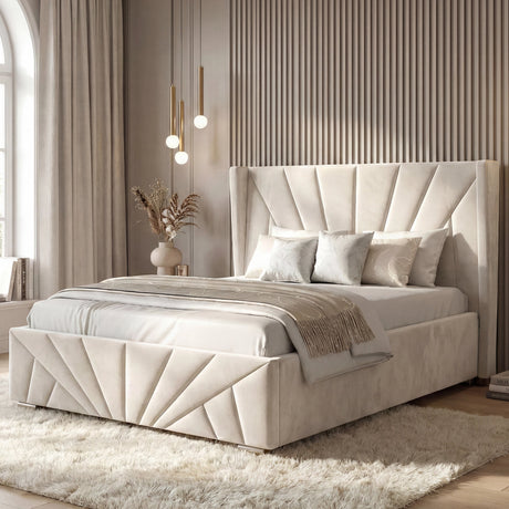 [Small Double | Beige] Velvet Sunrise ottoman bed angled in bedroom with fan pleat headboard and geometric footboard