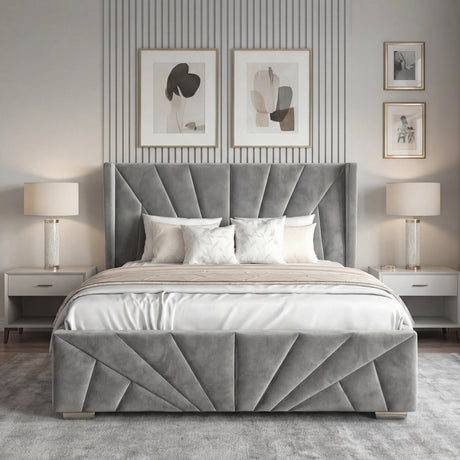 [Small Double | Dark Grey] Symmetrical bedroom with Sunrise ottoman bed, twin lamps and three framed pictures above