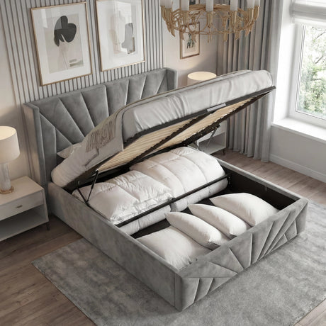 [Small Double | Dark Grey] Sunrise ottoman bed lifted open on gas struts showing lined storage base filled with pillows