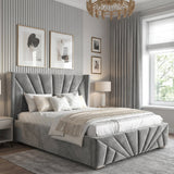 [Small Double | Dark Grey] Sunrise ottoman bed in grey panelled bedroom with framed prints, chandelier, bedside lamps