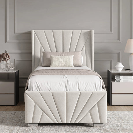 Velvet Ottoman Storage Bed in beige with Sunrise-style panel design, shown in a modern bedroom setup. Features lift-up storage and plush upholstery.