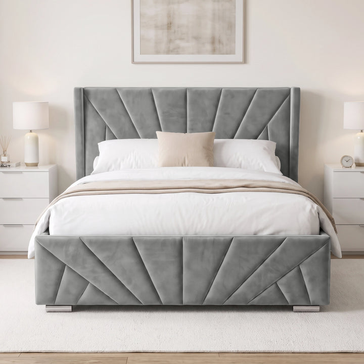 [Double | Grey] upholstered bed frame with a tall tufted headboard and matching footboard, shown in a styled bedroom setting