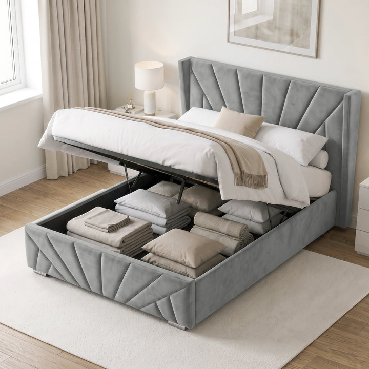 [Double | Grey] upholstered bed frame with a tall tufted headboard and matching footboard with open storage