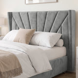[Double | Grey] upholstered bed frame with a tall tufted headboard and matching footboard, shown in a styled bedroom setting