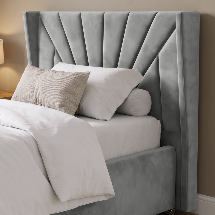 [Single | Grey] velvet-upholstered bed frame with a tall wingback headboard and matching footboard, styled with white bedding, white pillows in a room