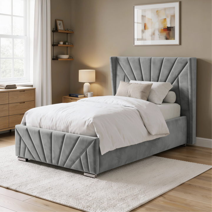 [Single | Grey] upholstered ottoman bed frame with a tall wingback sunrise design headboard and matching footboard.