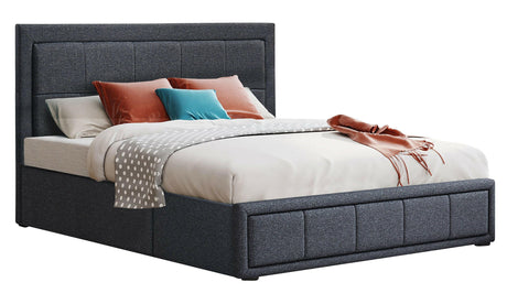 Super king bed ottoman with stylish upholstered frame and hidden storage compartments.