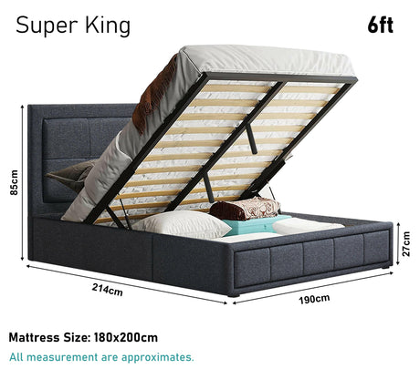 Super king ottoman bed frame with lift-up storage, dimensions, and mattress size details.