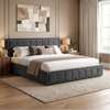[Super King | Grey] platform bed with a dark gray tufted upholstered headboard and matching footboard, styled in a contemporary bedroom with wood nightstands, lamps, beige curtains, and a neutral abstract wall art piece.
