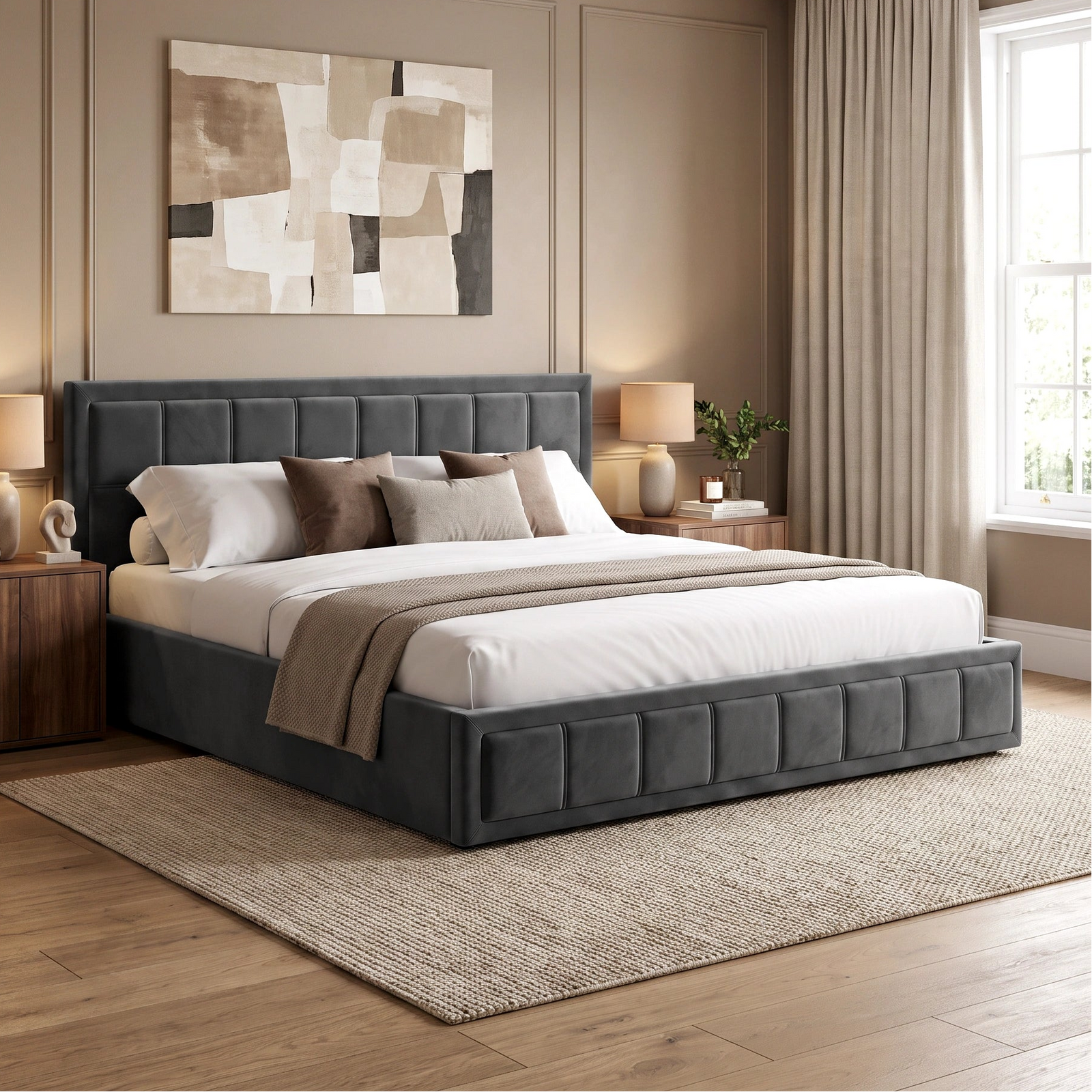 [Super King | Grey] platform bed with a dark gray tufted upholstered headboard and matching footboard, styled in a contemporary bedroom with wood nightstands, lamps, beige curtains, and a neutral abstract wall art piece.