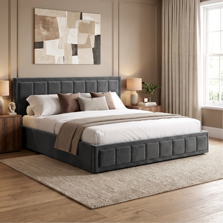 [Super King | Grey] platform bed with a dark gray tufted upholstered headboard and matching footboard, styled in a contemporary bedroom with wood nightstands, lamps, beige curtains, and a neutral abstract wall art piece.