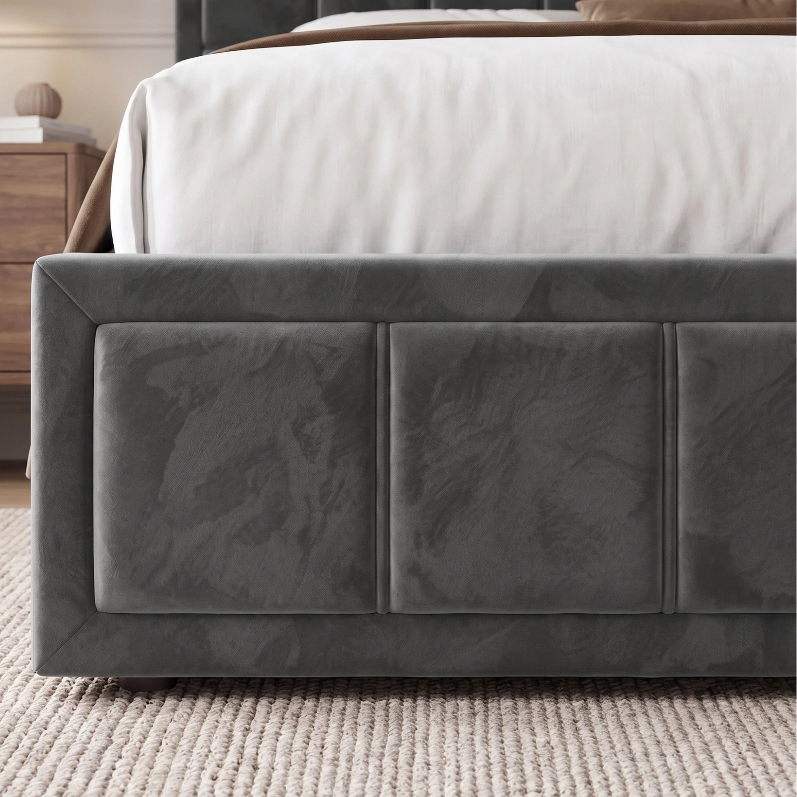 [Super King | Grey] Close-up of velvet ottoman storage bed footboard showing vertical padded channel panels