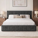 [Super King | Grey] platform bed with a dark gray tufted upholstered headboard and matching footboard, dressed in white bedding and styled in a contemporary bedroom with wooden nightstands, lamps, and wall art.