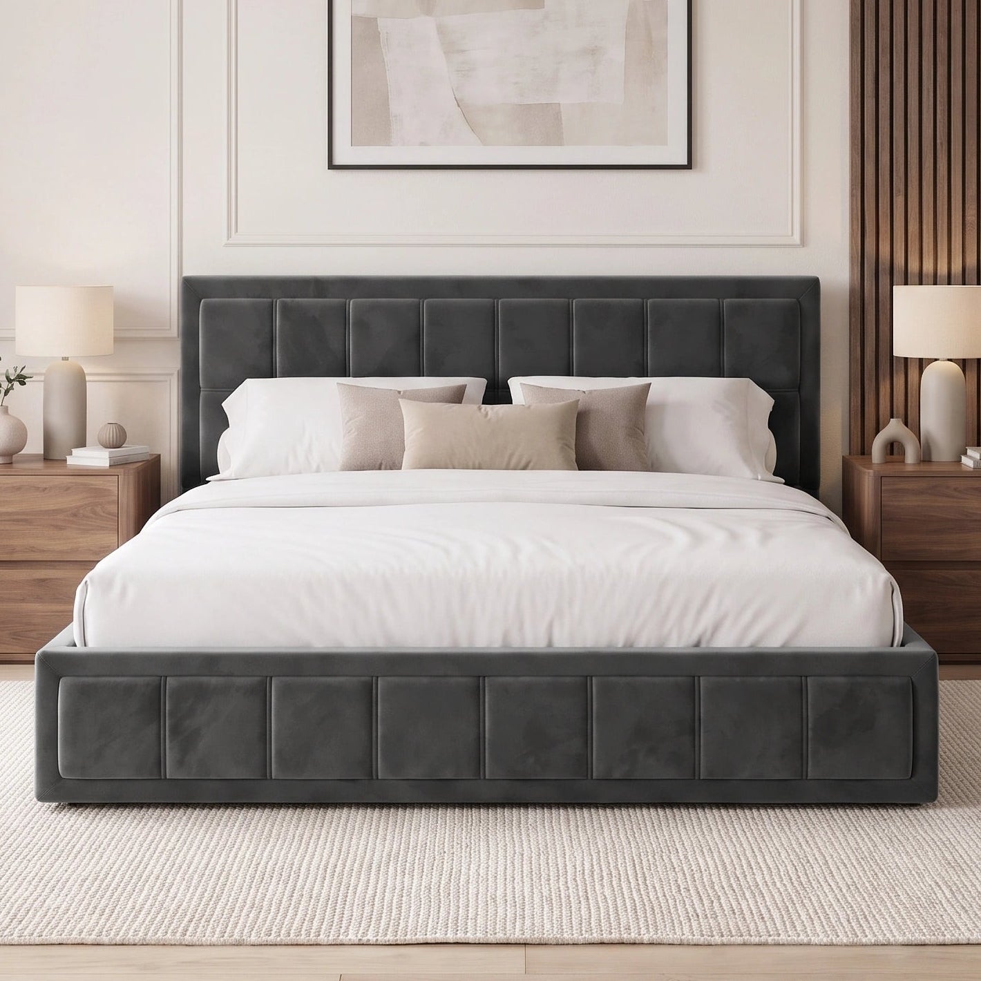 [Super King | Grey] platform bed with a dark gray tufted upholstered headboard and matching footboard, dressed in white bedding and styled in a contemporary bedroom with wooden nightstands, lamps, and wall art.