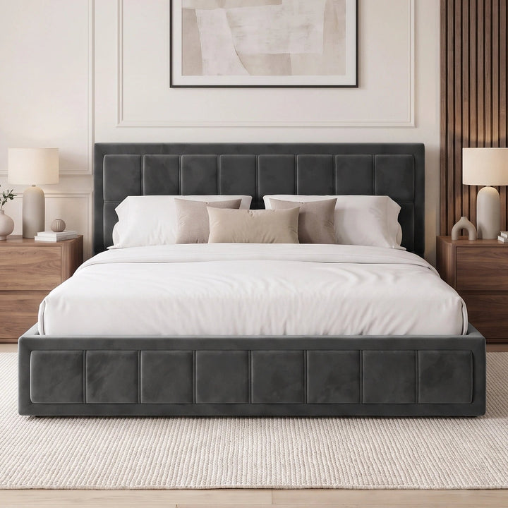 [Super King | Grey] platform bed with a dark gray tufted upholstered headboard and matching footboard, dressed in white bedding and styled in a contemporary bedroom with wooden nightstands, lamps, and wall art.