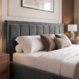 [Super King | Grey] Close-up of velvet ottoman storage bed headboard showing vertical padded channel panels